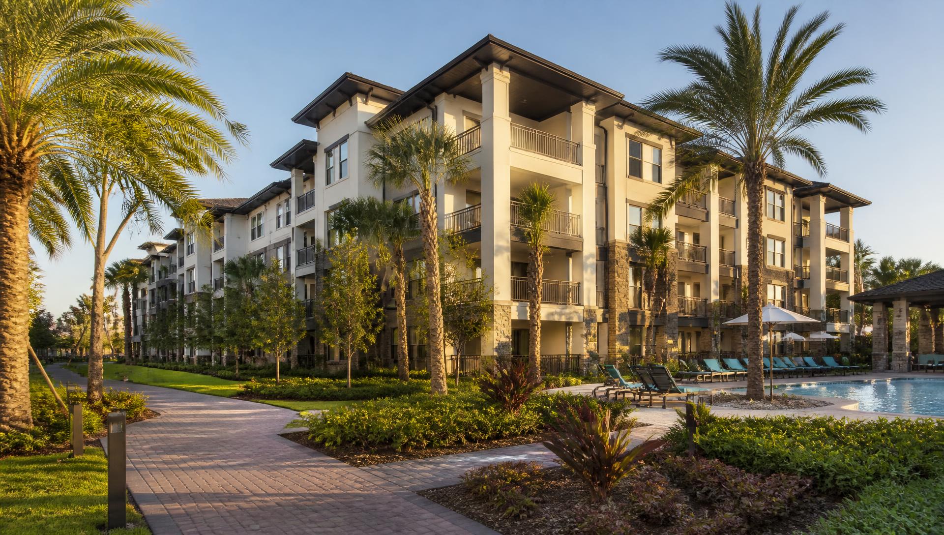 Modern multifamily apartment community at golden hour